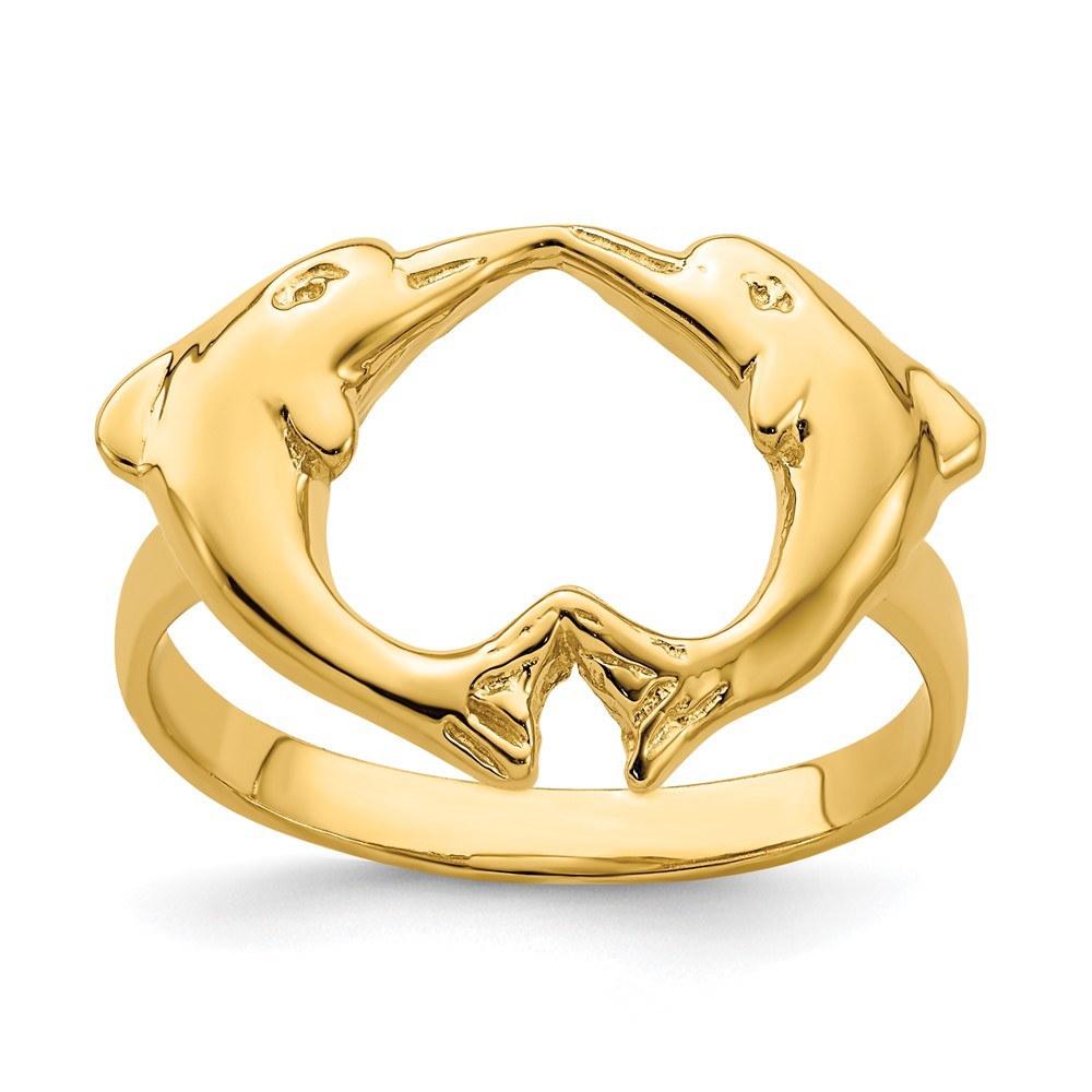 14k Yellow Gold Polished Dolphins Heart Ring, Size 7